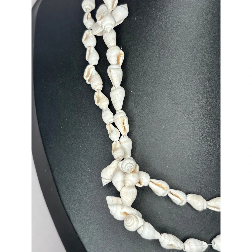 Vintage 1970s Handmade Philippines White Shell Necklace 36 Inch Boho Coastal